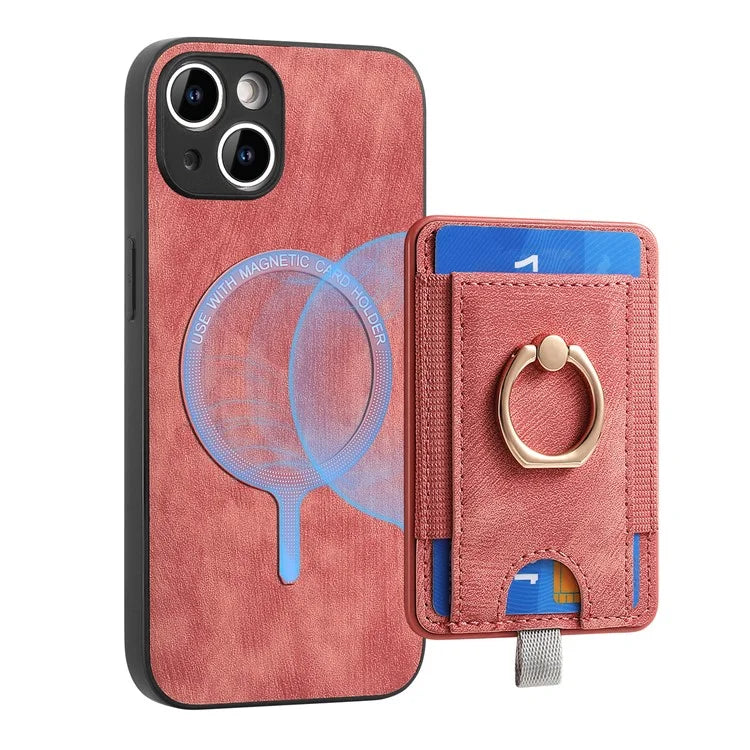 D7 For iPhone 13 6.1 inch  Magnetic Phone Case Ring Kickstand PU Leather Coated TPU Cover