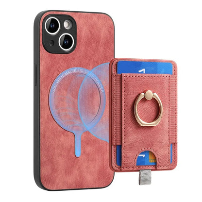 D7 For iPhone 13 6.1 inch  Magnetic Phone Case Ring Kickstand PU Leather Coated TPU Cover