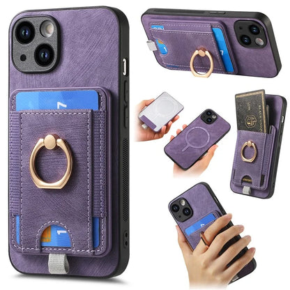 D7 For iPhone 13 6.1 inch  Magnetic Phone Case Ring Kickstand PU Leather Coated TPU Cover
