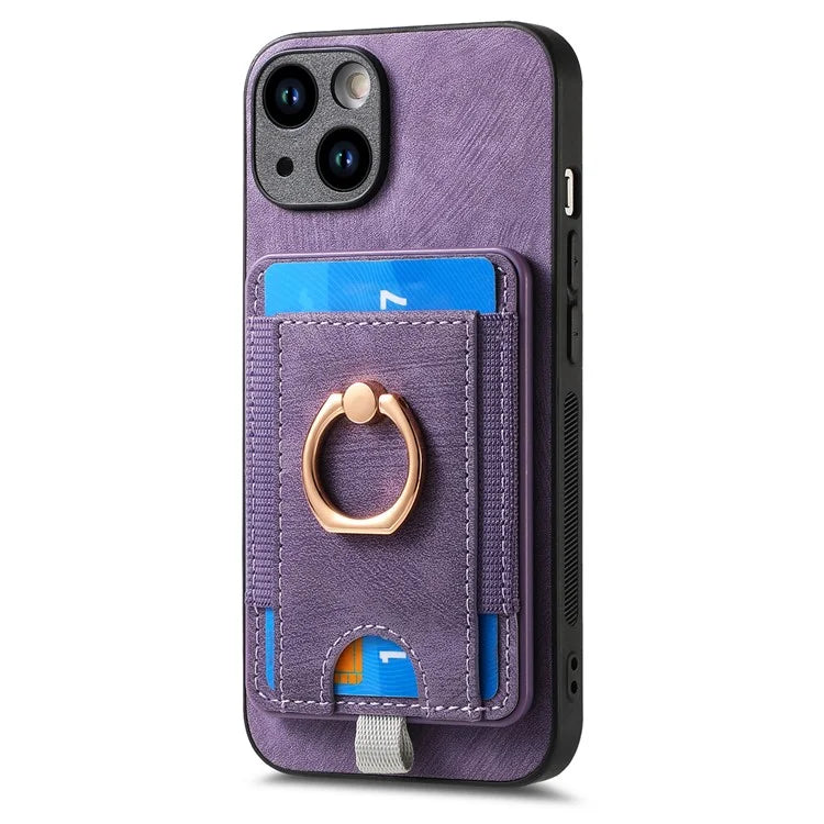 D7 For iPhone 13 6.1 inch  Magnetic Phone Case Ring Kickstand PU Leather Coated TPU Cover
