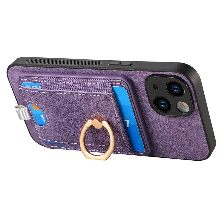 D7 For iPhone 13 6.1 inch  Magnetic Phone Case Ring Kickstand PU Leather Coated TPU Cover
