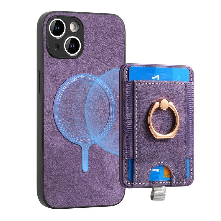 D7 For iPhone 13 6.1 inch  Magnetic Phone Case Ring Kickstand PU Leather Coated TPU Cover