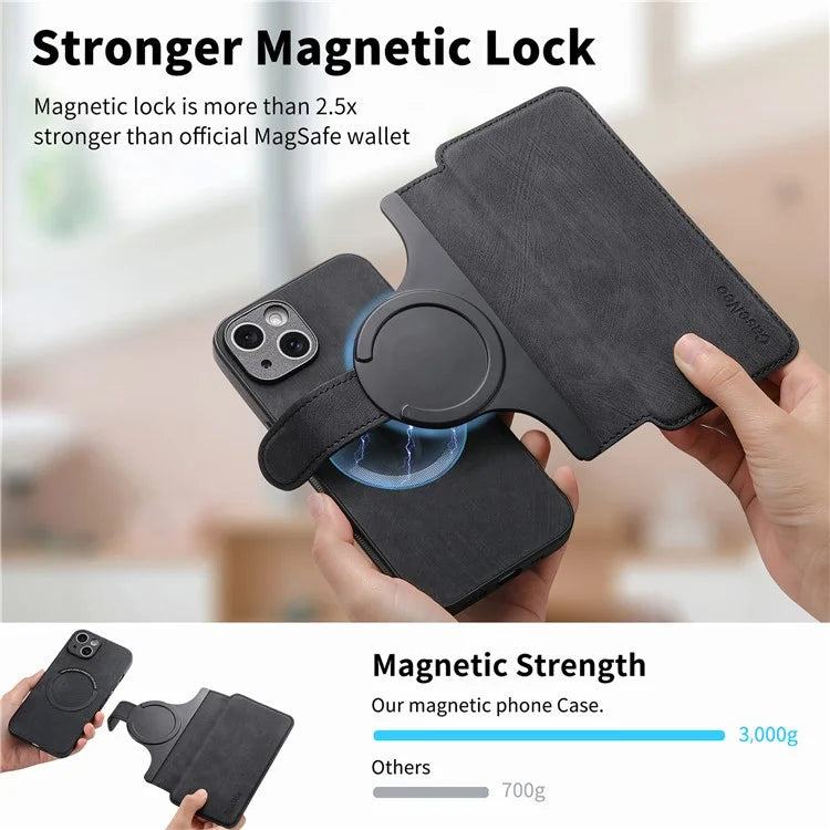 CASENEO MW-03 For iPhone 15 Case Detachable PU Leather Coated TPU Stand Wallet Phone Cover