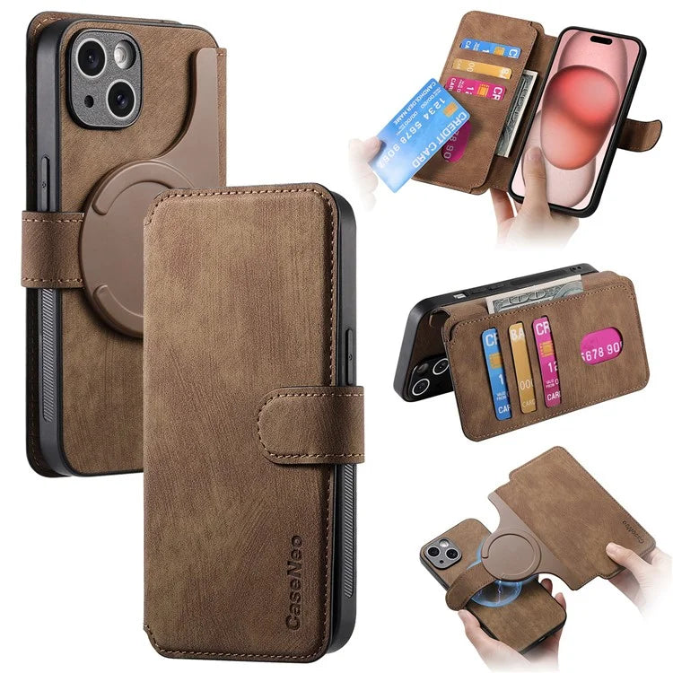 CASENEO MW-03 For iPhone 15 Case Detachable PU Leather Coated TPU Stand Wallet Phone Cover