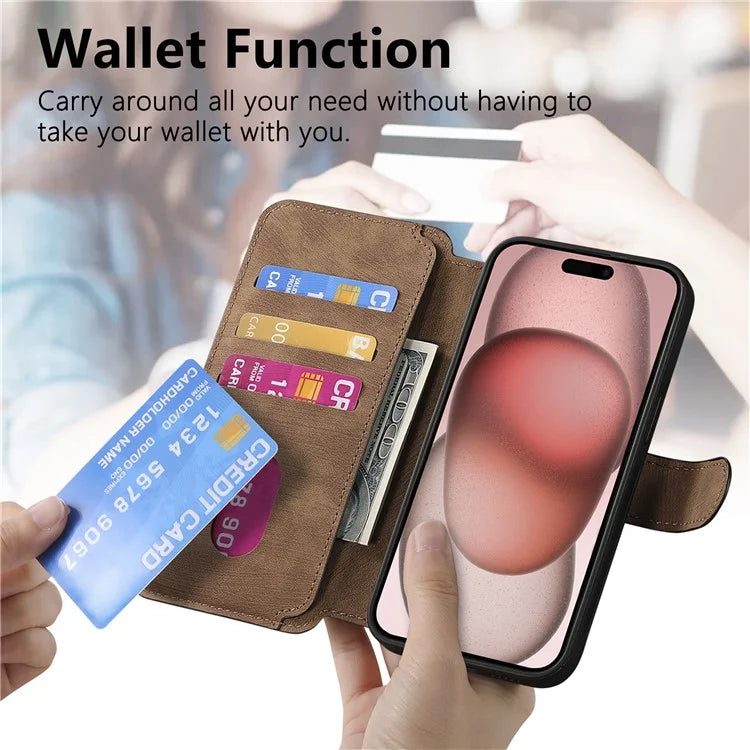 CASENEO MW-03 For iPhone 15 Case Detachable PU Leather Coated TPU Stand Wallet Phone Cover