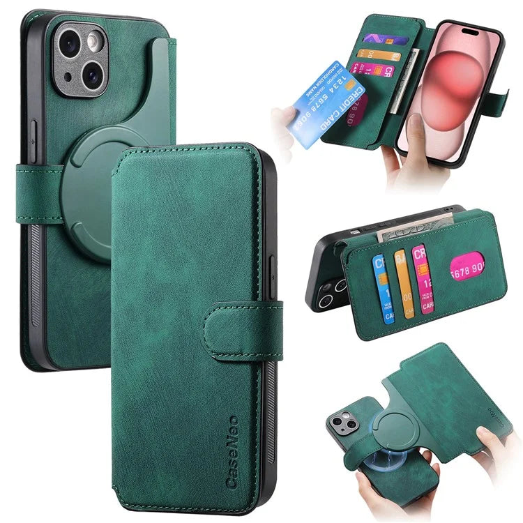 CASENEO MW-03 For iPhone 15 Case Detachable PU Leather Coated TPU Stand Wallet Phone Cover
