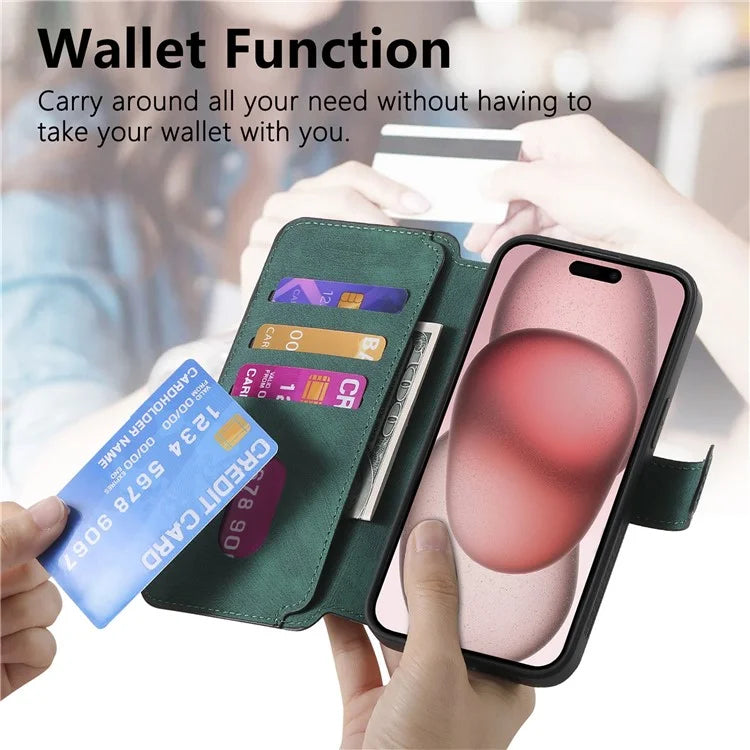CASENEO MW-03 For iPhone 15 Case Detachable PU Leather Coated TPU Stand Wallet Phone Cover