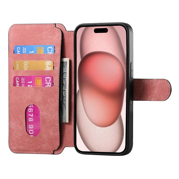 CASENEO MW-03 For iPhone 15 Case Detachable PU Leather Coated TPU Stand Wallet Phone Cover