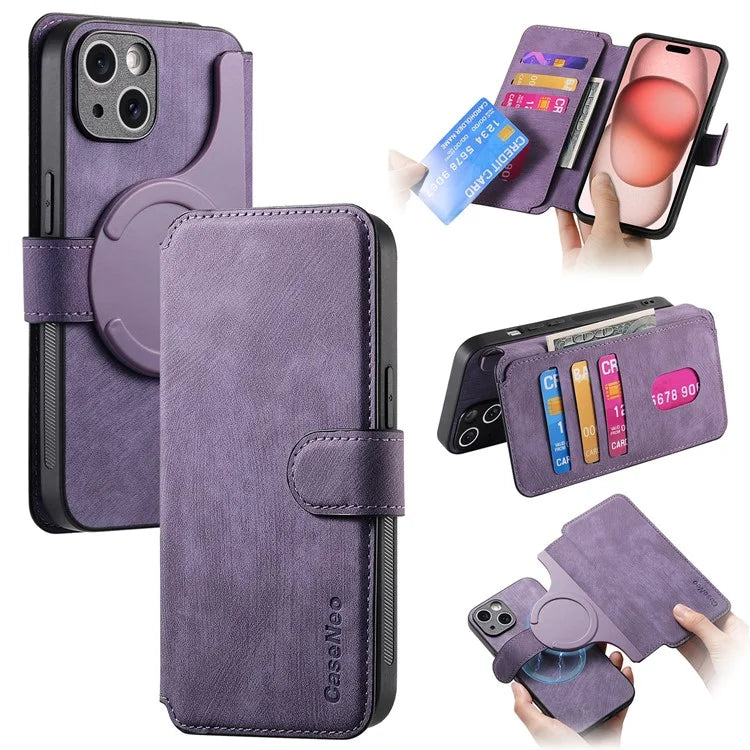 CASENEO MW-03 For iPhone 15 Case Detachable PU Leather Coated TPU Stand Wallet Phone Cover