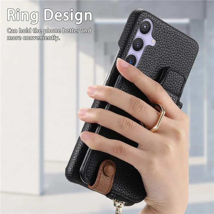 Y3 for Samsung Galaxy S24+ Anti-fall Case Zipper Leather Phone Cover RFID Blocking Ring Kickstand