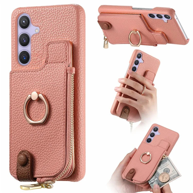 Y3 for Samsung Galaxy S24+ Anti-fall Case Zipper Leather Phone Cover RFID Blocking Ring Kickstand
