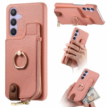 Y3 for Samsung Galaxy S24+ Anti-fall Case Zipper Leather Phone Cover RFID Blocking Ring Kickstand