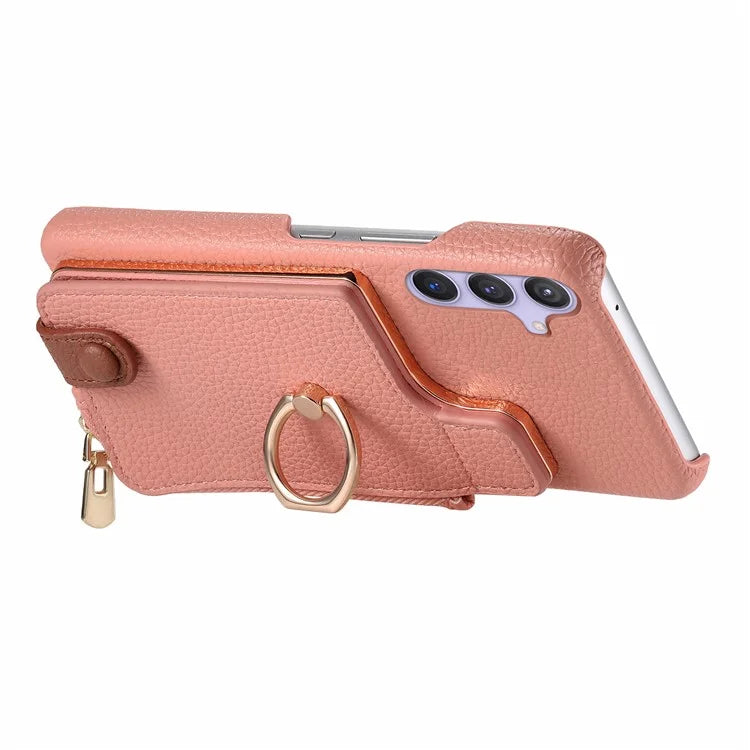 Y3 for Samsung Galaxy S24+ Anti-fall Case Zipper Leather Phone Cover RFID Blocking Ring Kickstand