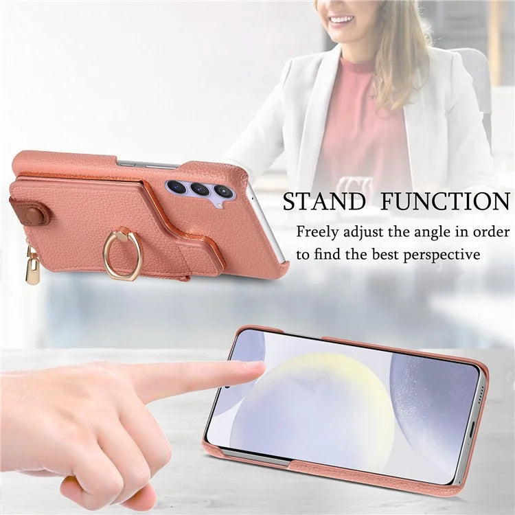 Y3 for Samsung Galaxy S24+ Anti-fall Case Zipper Leather Phone Cover RFID Blocking Ring Kickstand