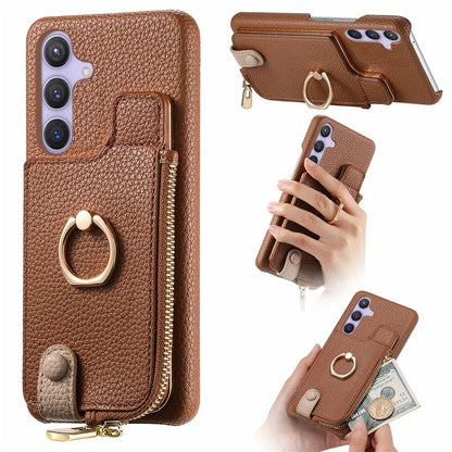 Y3 for Samsung Galaxy S24+ Anti-fall Case Zipper Leather Phone Cover RFID Blocking Ring Kickstand