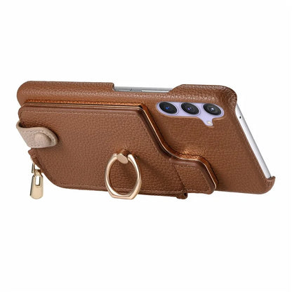 Y3 for Samsung Galaxy S24+ Anti-fall Case Zipper Leather Phone Cover RFID Blocking Ring Kickstand