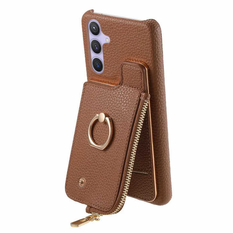 Y3 for Samsung Galaxy S24+ Anti-fall Case Zipper Leather Phone Cover RFID Blocking Ring Kickstand