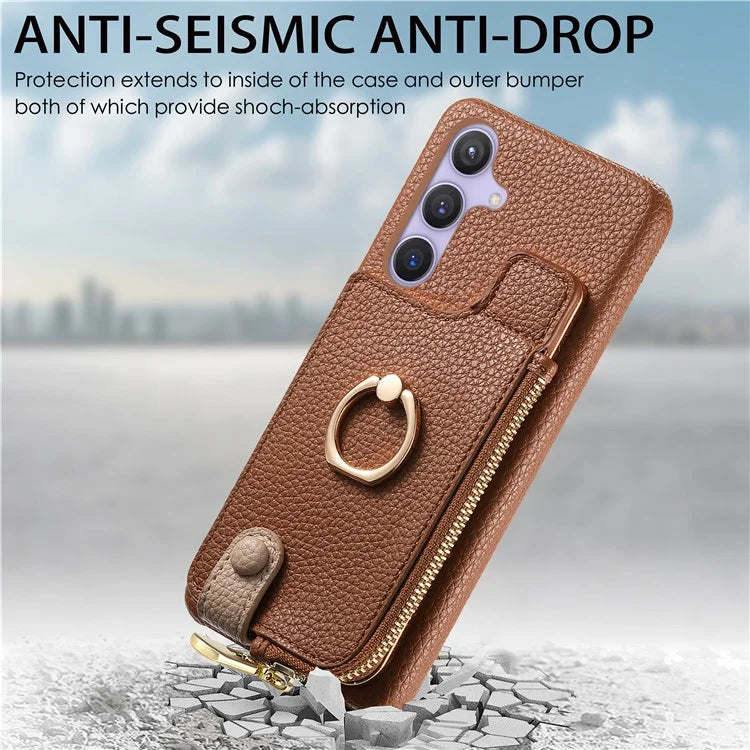 Y3 for Samsung Galaxy S24+ Anti-fall Case Zipper Leather Phone Cover RFID Blocking Ring Kickstand