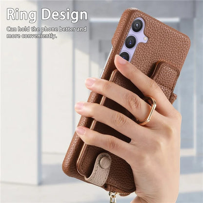 Y3 for Samsung Galaxy S24+ Anti-fall Case Zipper Leather Phone Cover RFID Blocking Ring Kickstand