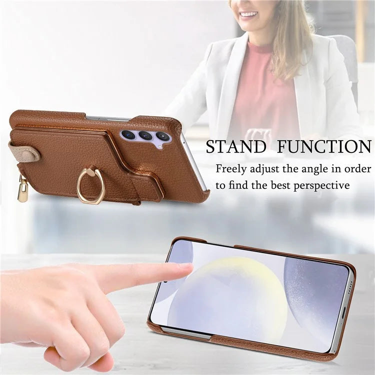 Y3 for Samsung Galaxy S24+ Anti-fall Case Zipper Leather Phone Cover RFID Blocking Ring Kickstand