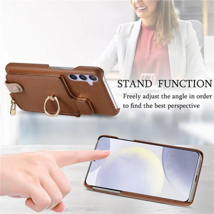 Y3 for Samsung Galaxy S24+ Anti-fall Case Zipper Leather Phone Cover RFID Blocking Ring Kickstand