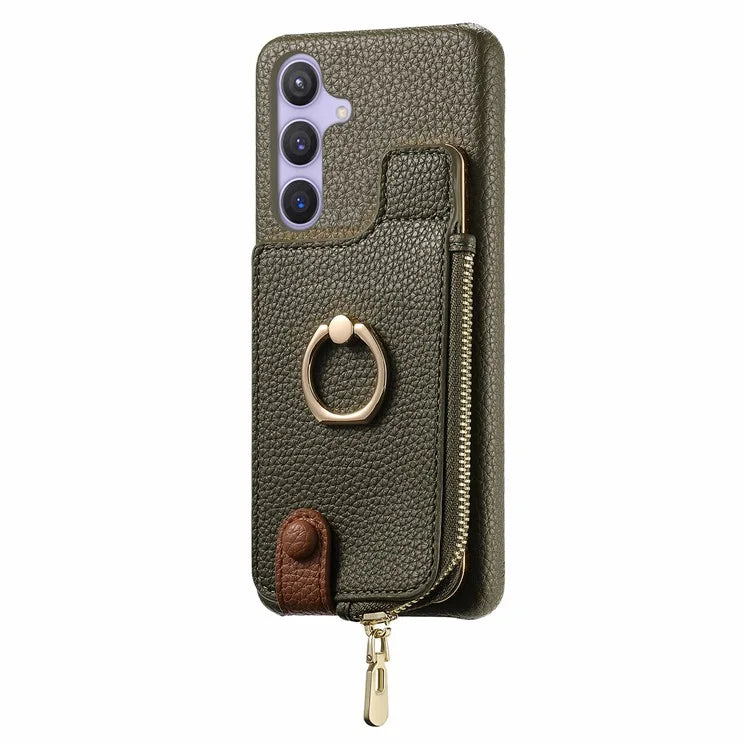 Y3 for Samsung Galaxy S24+ Anti-fall Case Zipper Leather Phone Cover RFID Blocking Ring Kickstand