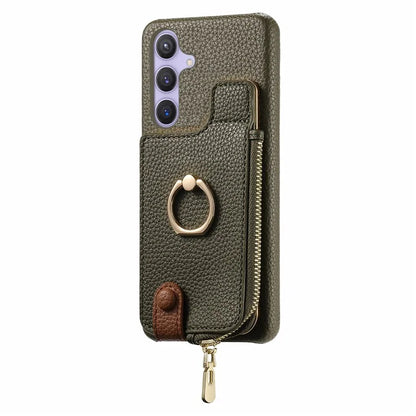 Y3 for Samsung Galaxy S24+ Anti-fall Case Zipper Leather Phone Cover RFID Blocking Ring Kickstand