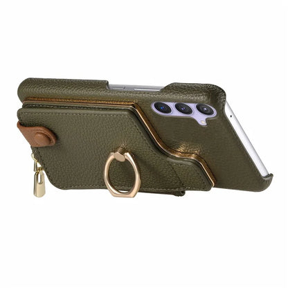 Y3 for Samsung Galaxy S24+ Anti-fall Case Zipper Leather Phone Cover RFID Blocking Ring Kickstand