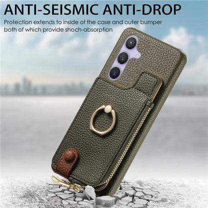 Y3 for Samsung Galaxy S24+ Anti-fall Case Zipper Leather Phone Cover RFID Blocking Ring Kickstand