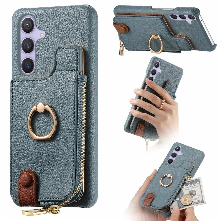 Y3 for Samsung Galaxy S24+ Anti-fall Case Zipper Leather Phone Cover RFID Blocking Ring Kickstand