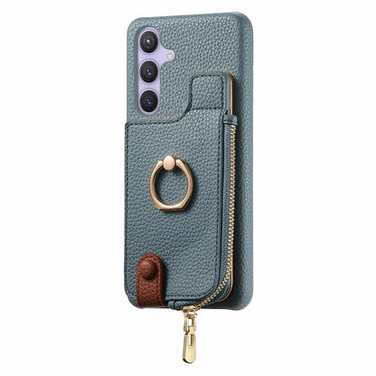 Y3 for Samsung Galaxy S24+ Anti-fall Case Zipper Leather Phone Cover RFID Blocking Ring Kickstand