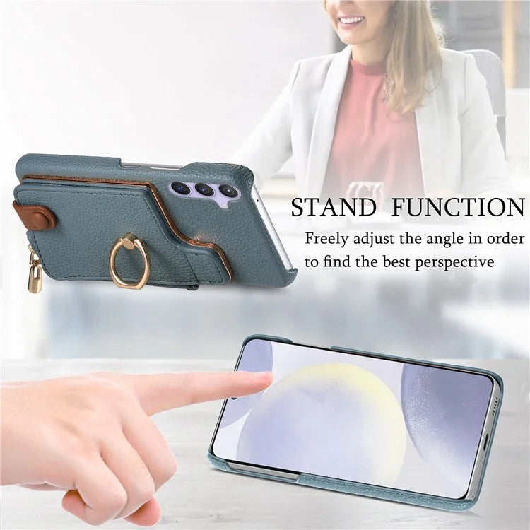 Y3 for Samsung Galaxy S24+ Anti-fall Case Zipper Leather Phone Cover RFID Blocking Ring Kickstand