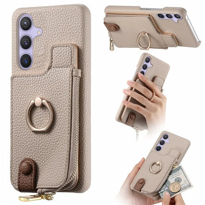 Y3 for Samsung Galaxy S24+ Anti-fall Case Zipper Leather Phone Cover RFID Blocking Ring Kickstand