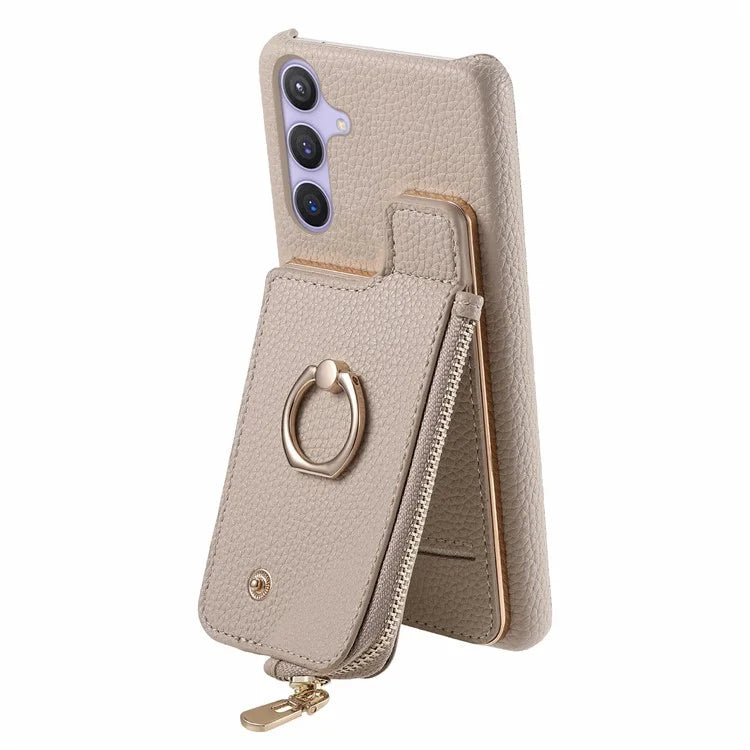 Y3 for Samsung Galaxy S24+ Anti-fall Case Zipper Leather Phone Cover RFID Blocking Ring Kickstand