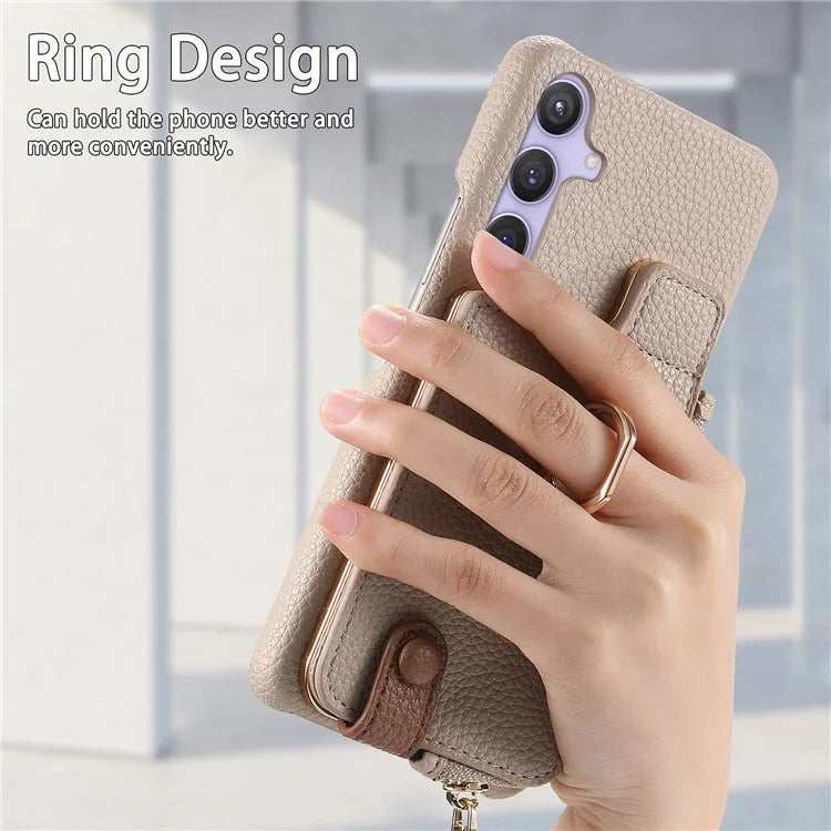 Y3 for Samsung Galaxy S24+ Anti-fall Case Zipper Leather Phone Cover RFID Blocking Ring Kickstand
