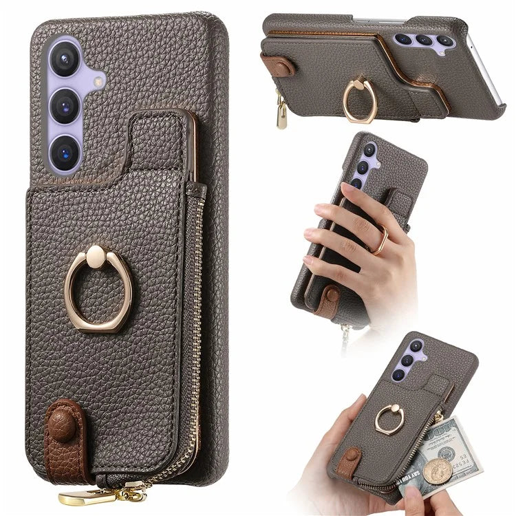 Y3 for Samsung Galaxy S24+ Anti-fall Case Zipper Leather Phone Cover RFID Blocking Ring Kickstand