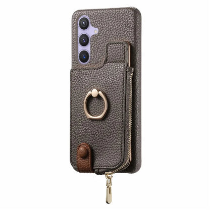 Y3 for Samsung Galaxy S24+ Anti-fall Case Zipper Leather Phone Cover RFID Blocking Ring Kickstand