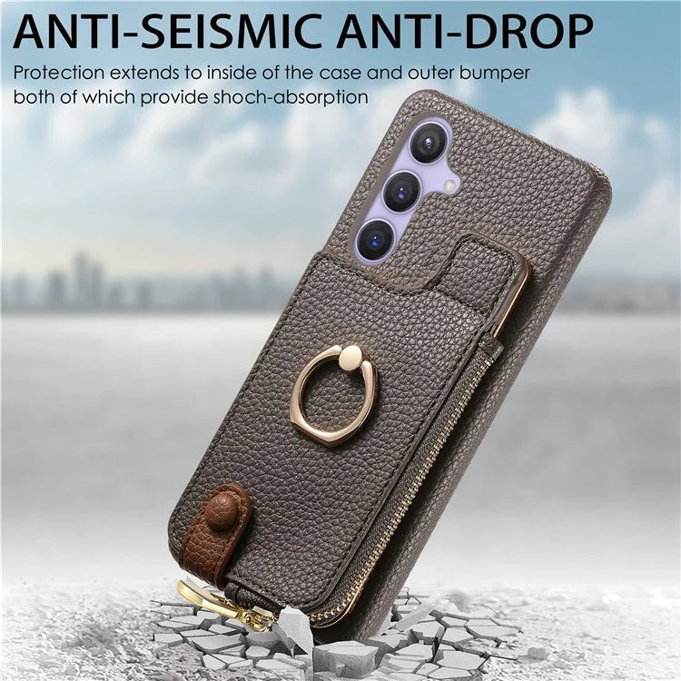 Y3 for Samsung Galaxy S24+ Anti-fall Case Zipper Leather Phone Cover RFID Blocking Ring Kickstand