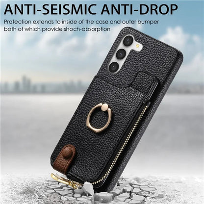 Y3 For Samsung Galaxy S23 Case Zipper RFID Blocking Ring Kickstand Phone Back Cover