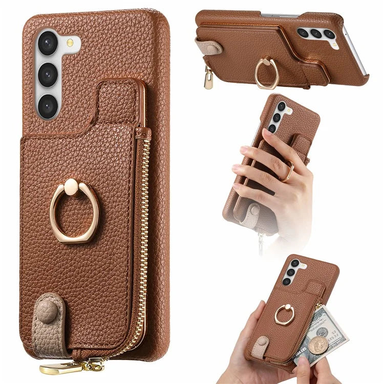 Y3 For Samsung Galaxy S23 Case Zipper RFID Blocking Ring Kickstand Phone Back Cover