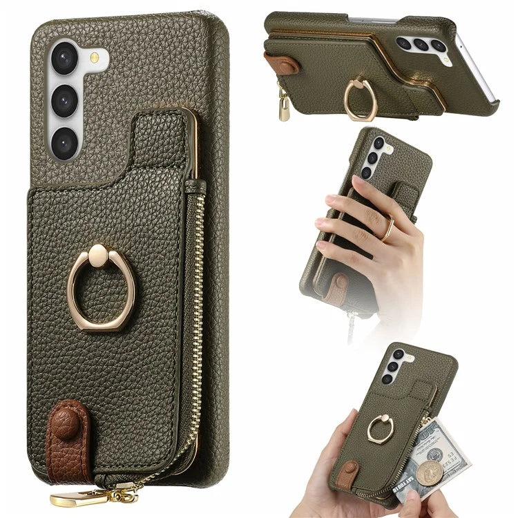 Y3 For Samsung Galaxy S23 Case Zipper RFID Blocking Ring Kickstand Phone Back Cover