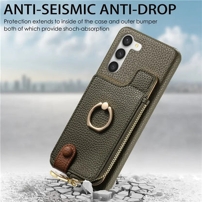 Y3 For Samsung Galaxy S23 Case Zipper RFID Blocking Ring Kickstand Phone Back Cover