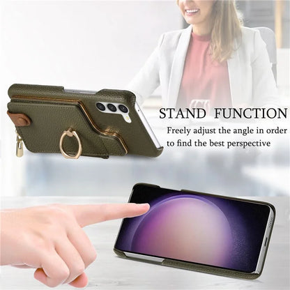 Y3 For Samsung Galaxy S23 Case Zipper RFID Blocking Ring Kickstand Phone Back Cover