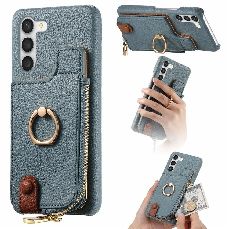 Y3 For Samsung Galaxy S23 Case Zipper RFID Blocking Ring Kickstand Phone Back Cover