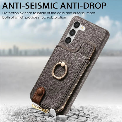 Y3 For Samsung Galaxy S23 Case Zipper RFID Blocking Ring Kickstand Phone Back Cover