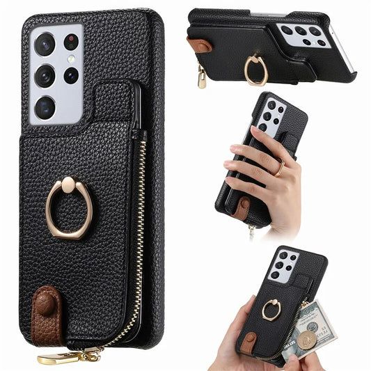 Y3 For Samsung Galaxy S21 Ultra 5G Case PU Leather Litchi Texture Phone Wallet Cover
