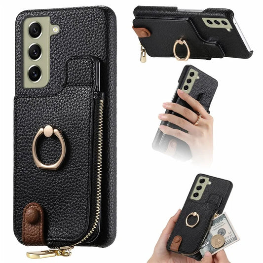 Y3 for Samsung Galaxy S21 FE 5G Drop-proof Case Ring Kickstand Leather Phone Cover with Zipper Pocket