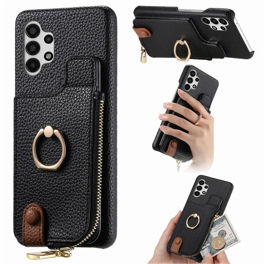 Y3 For Samsung Galaxy A13 4G Case Ring Kickstand Leather+TPU Zipper Pocket Phone Cover