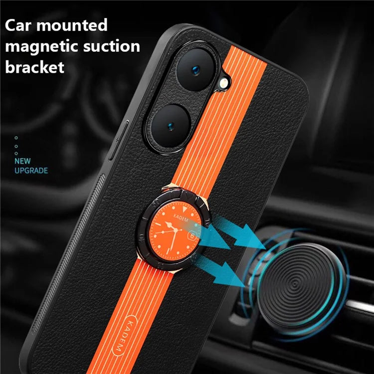 KADEM For vivo Y03 Case Ring Kickstand Leather Coated Acrylic+TPU Electroplating Phone Cover