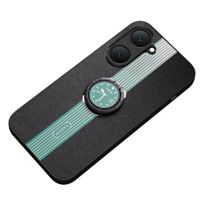KADEM For vivo Y03 Case Ring Kickstand Leather Coated Acrylic+TPU Electroplating Phone Cover